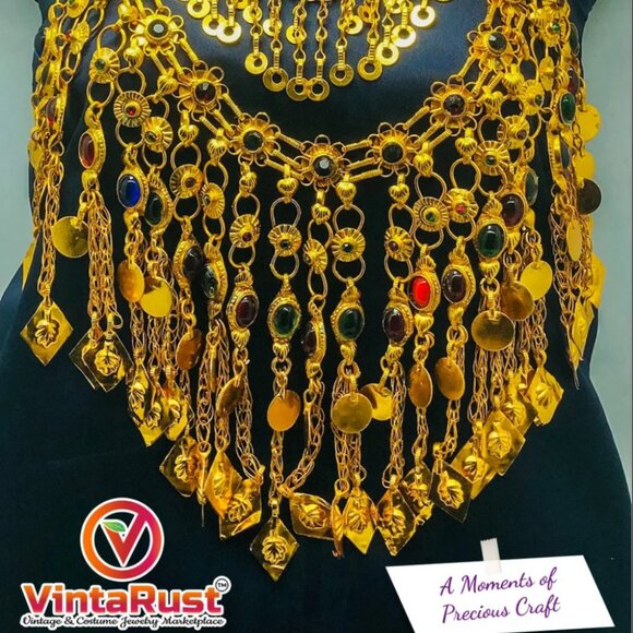 Golden Tone Choker Necklace With Long Dangling Tassels, Afghan Jewelry, Nomadic - Picture 13 of 13